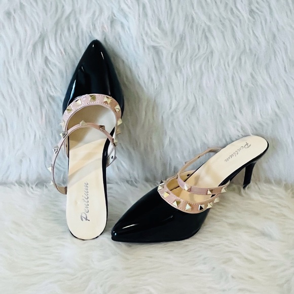 Black Gold Studded Pointed Heels Sz 7 - Picture 4 of 9